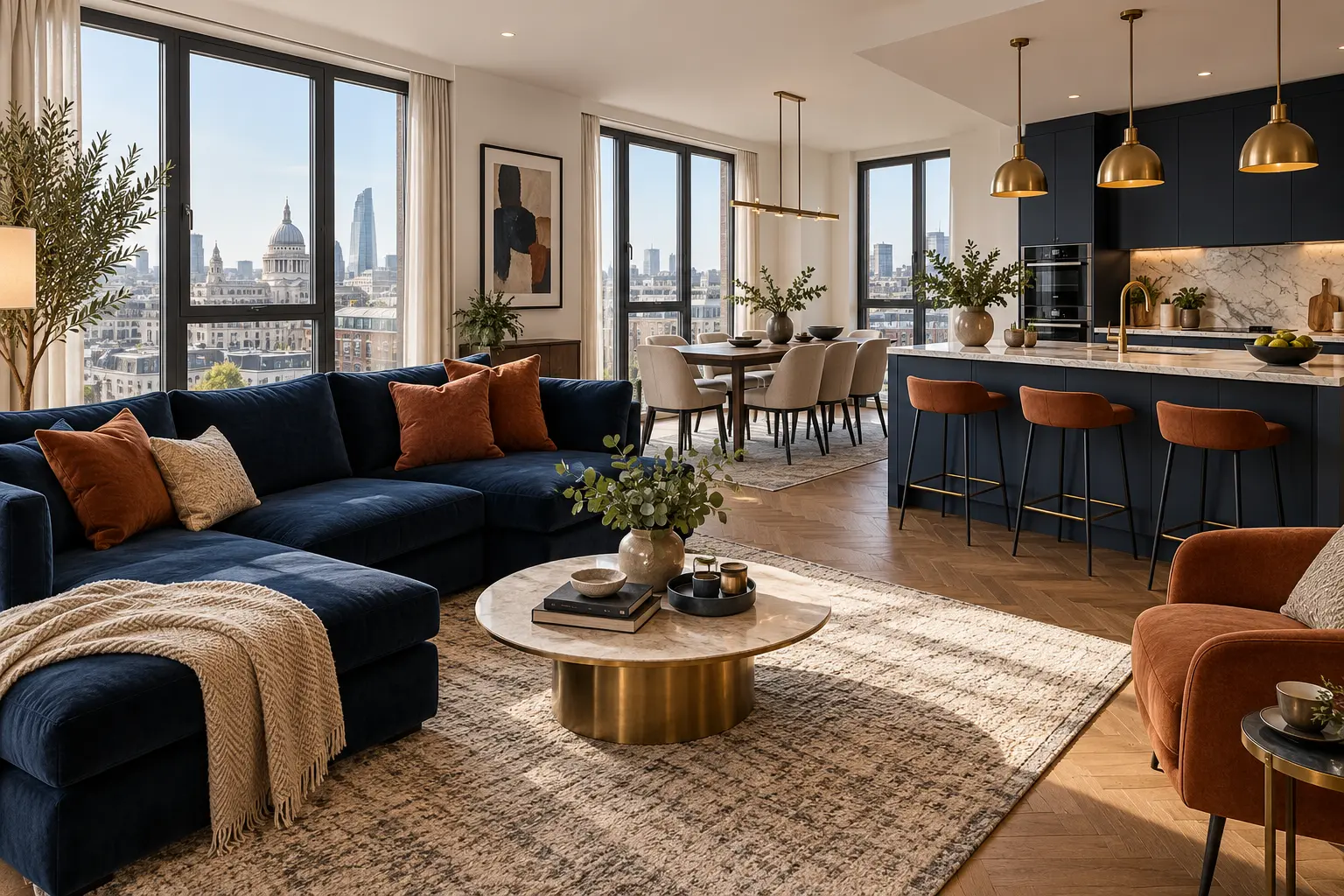 Illustrative open-plan living and kitchen concept for a Central London apartment